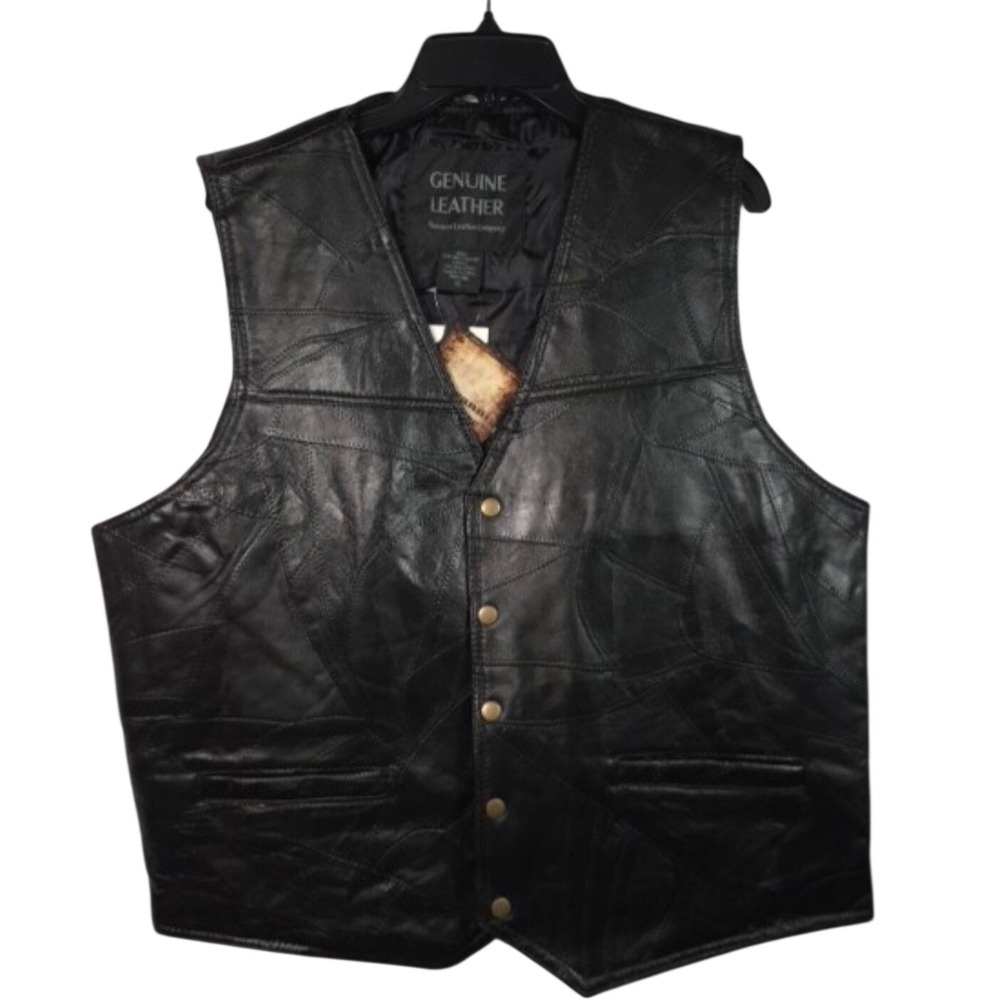 Giovanni Navarre Mens XL Black Patchwork Genuine Leather Biker Vest Snap‎ Front